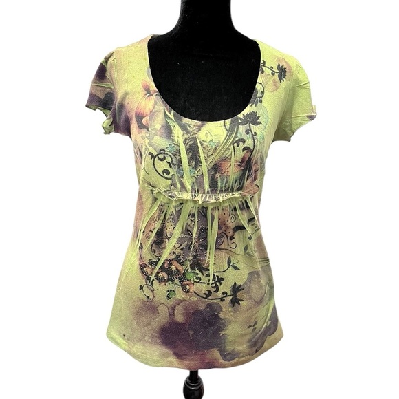 Y2K Bleu Green Floral Fairy Cyber Top Small vintage earthy gnome hippie boho 90s - Picture 1 of 9
